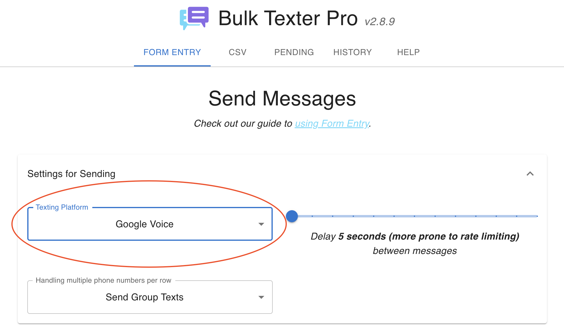 Texting platform dropdown